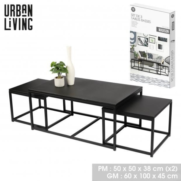 Pack Mesa de centro + 2 Mesitas auxiliares Metal negro Madison