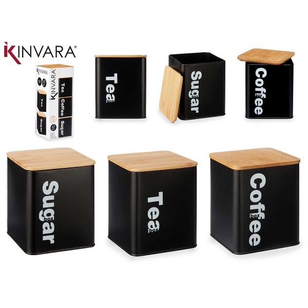 Set 3 pcs bote metal negra tapa bambú