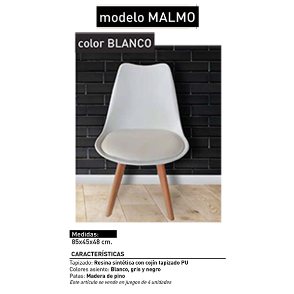 Juego de 4 Sillas Tapizadas Patas de Madera Mod. Malmo Blanco