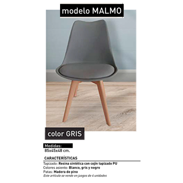 Juego de 4 Sillas Tapizadas Patas de Madera Mod. Malmo Gris