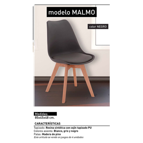 Juego de 4 Sillas Tapizadas Patas de Madera Mod. Malmo Negro