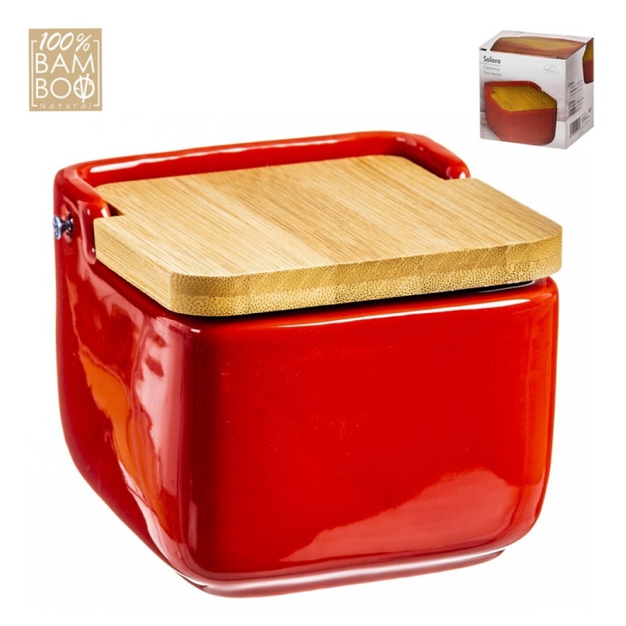 Salero cerámica tapa bambú rojo